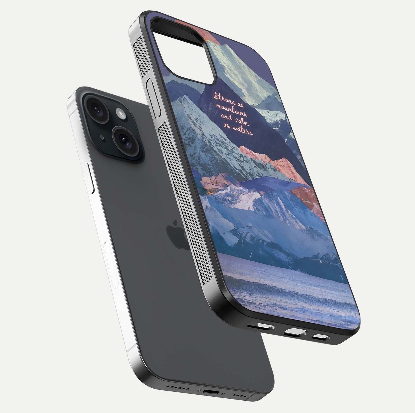 Celestial Mountain Calm Glass Case for iPhone 15 floating mockup showing glow depth and polished edges