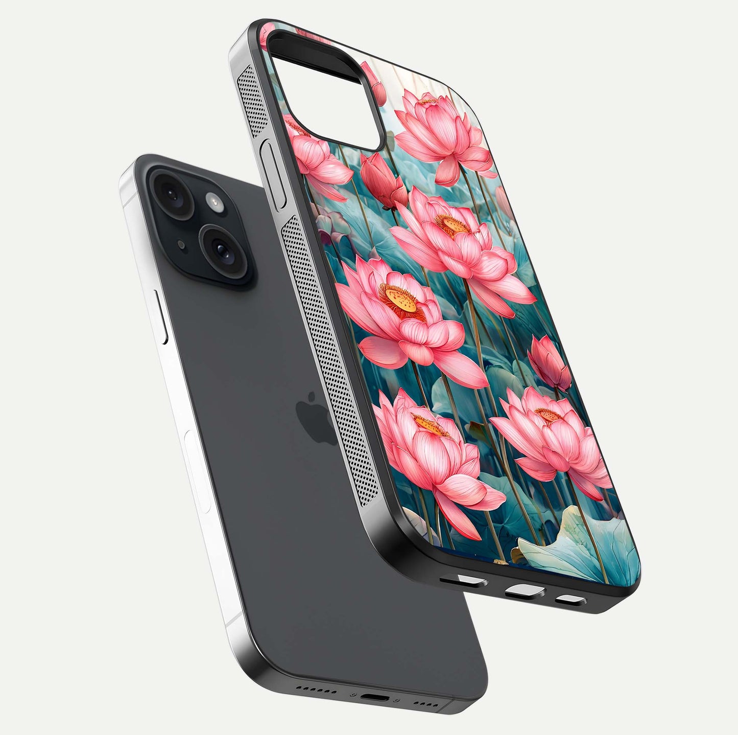 Celestial Pink Lotus Glass Case for iPhone 15 floating mockup displaying cosmic tone and gloss surface