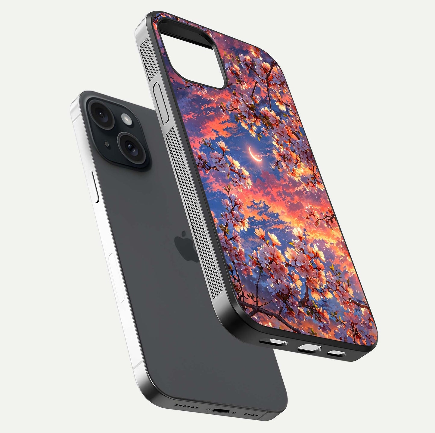 Celestial Sakura Sunset Glass Case for iPhone 15 floating mockup capturing sunset hue and smooth gloss
