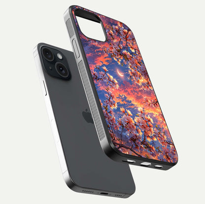 Celestial Sakura Sunset Glass Case for iPhone 15 floating mockup capturing sunset hue and smooth gloss