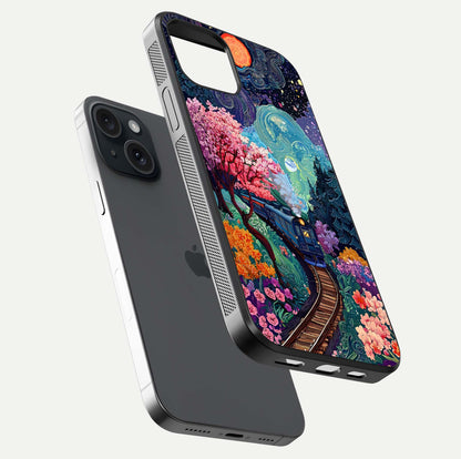 Celestial Train Journey Glass Case for iPhone 15 floating mockup capturing gloss reflection and deep night hues