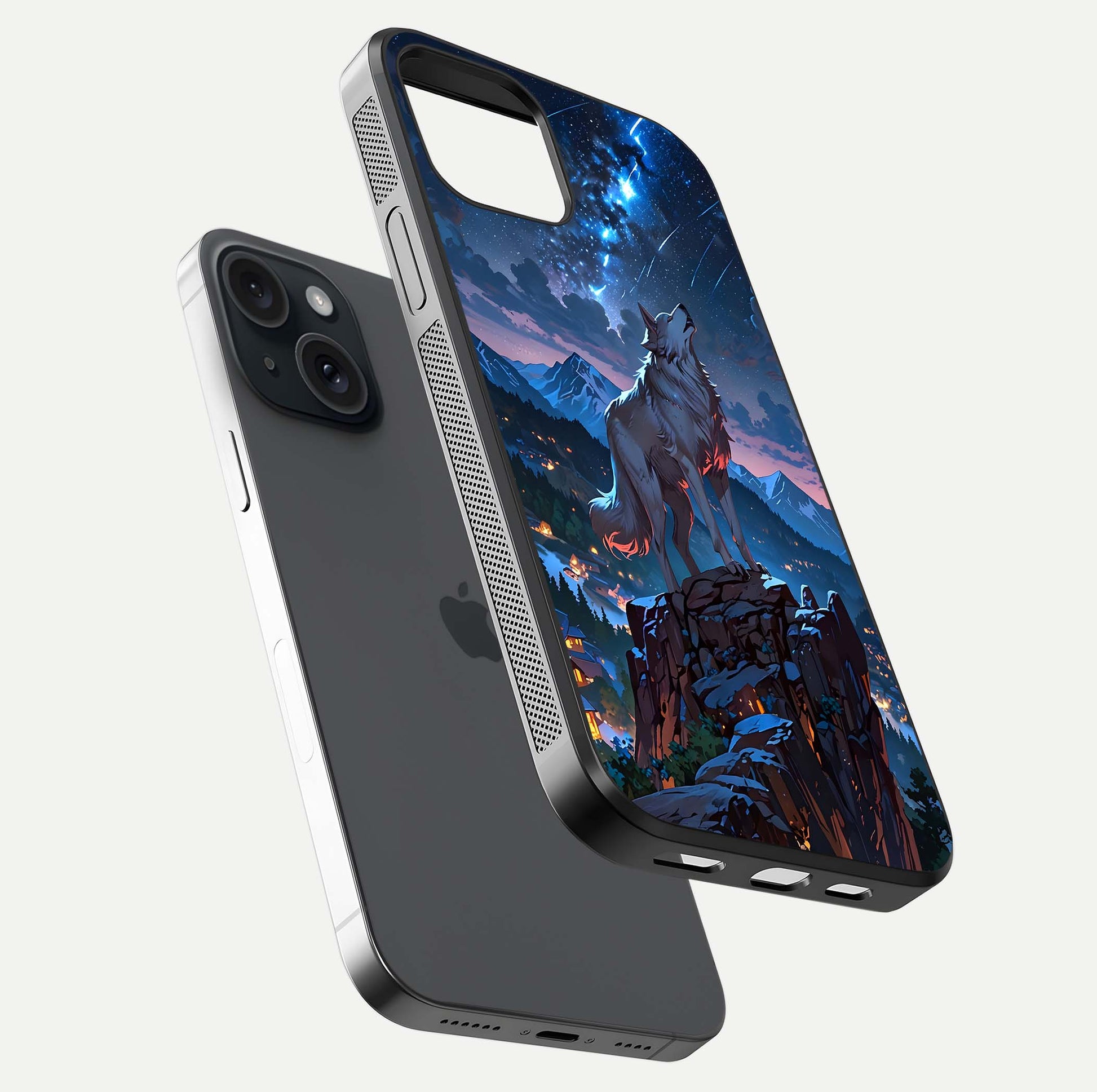Celestial Wolf Howl Glass Case for iPhone 15 floating mockup capturing reflection depth and silver gloss