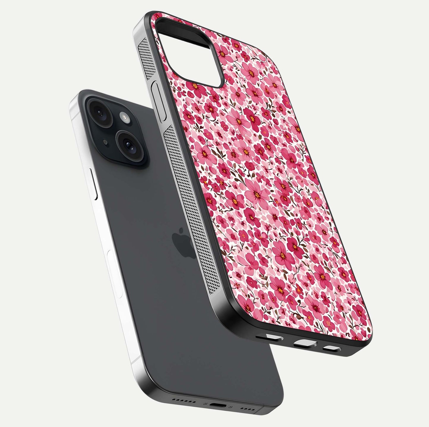Cherry Blossom Charm Glass Case for iPhone 15 floating mockup displaying pink tone flow and polished edges