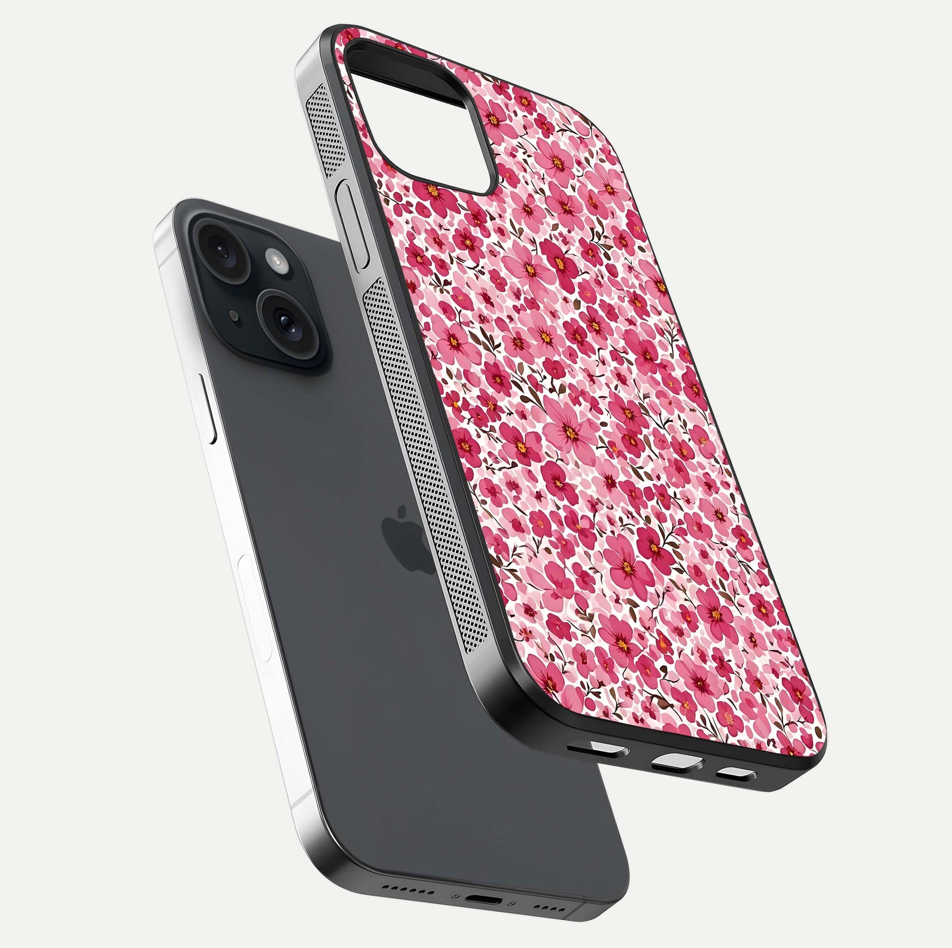 Cherry Blossom Charm Glass Case for iPhone 15 floating mockup displaying pink tone flow and polished edges