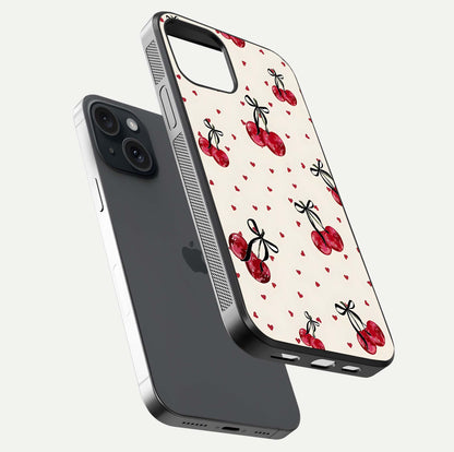 Cherry Heart Bow Glass Case for iPhone 15 floating mockup showing reflection and HD print detail