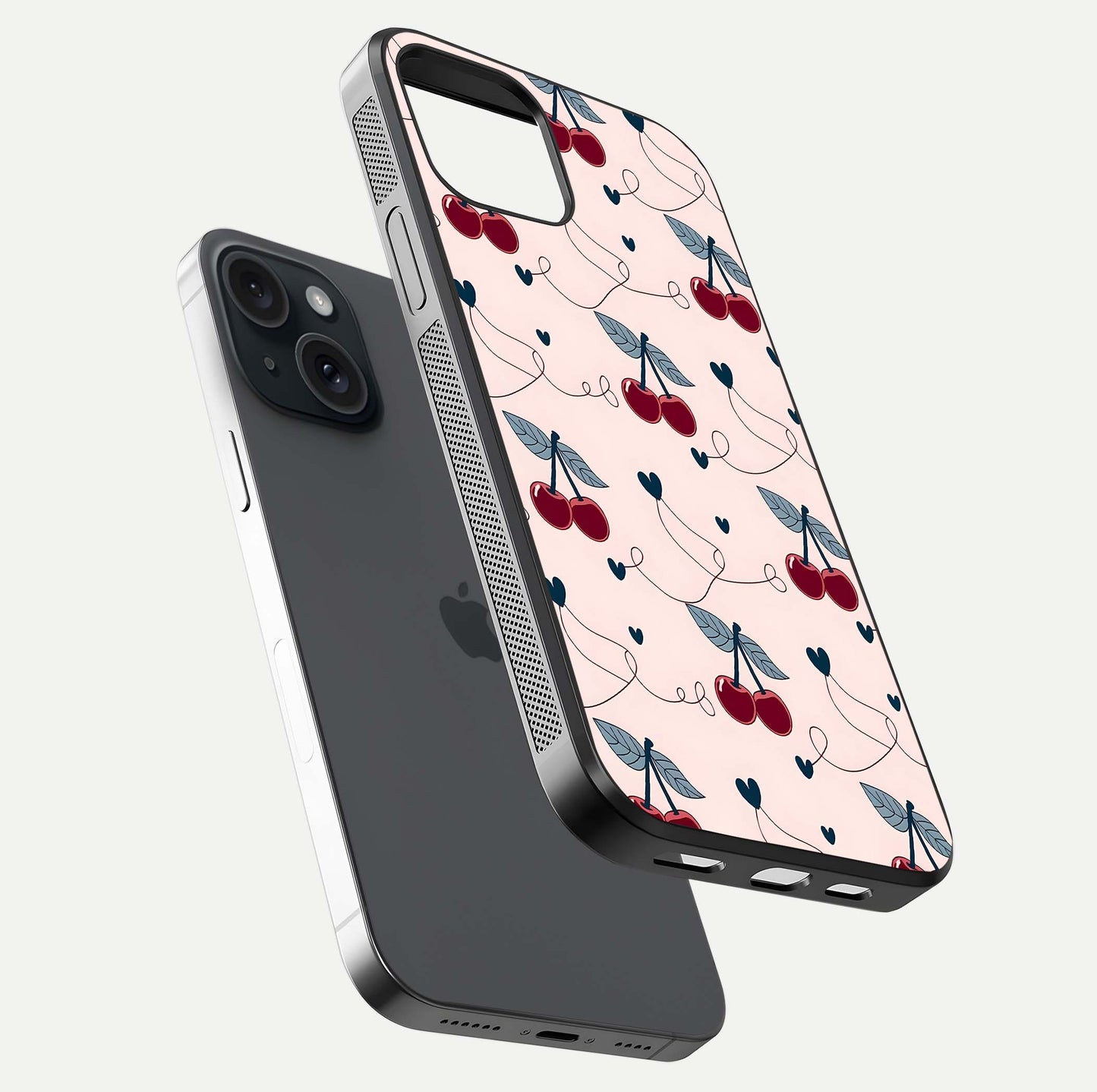Cherry Heart Line Glass Case for iPhone 15 floating mockup showing gloss polish and bright tones