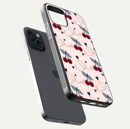 Cherry Heart Line Glass Case for iPhone 15 floating mockup showing gloss polish and bright tones