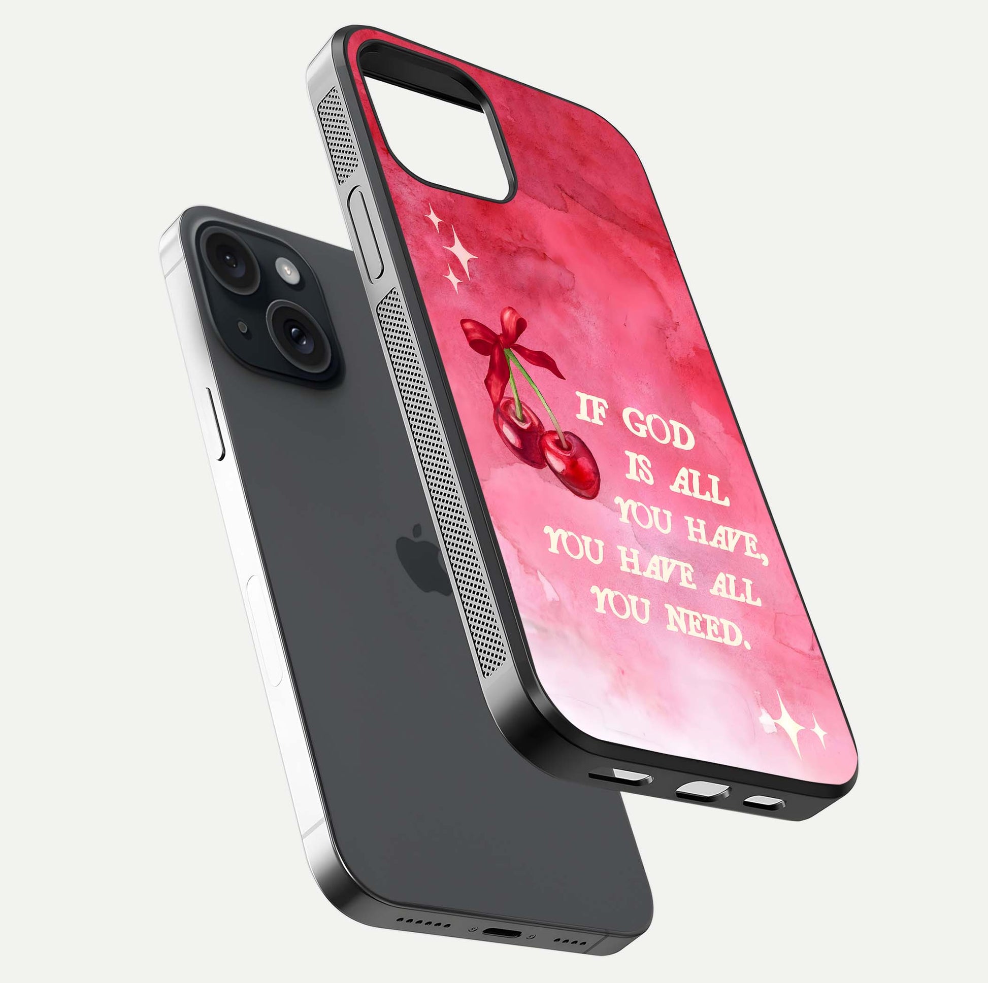 Cherry Quote Glass Case for iPhone 15 floating mockup capturing shine texture and clear typography