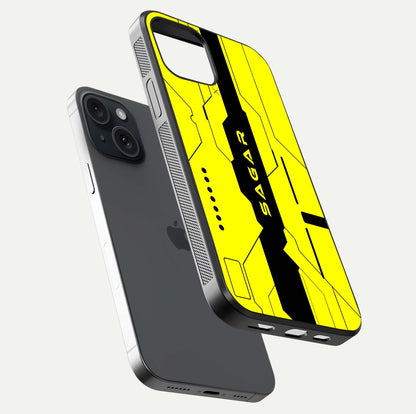 Circuit CYBERPUNK Custom Name Glass Case for iPhone 15 floating mockup capturing glow effects and polished shine