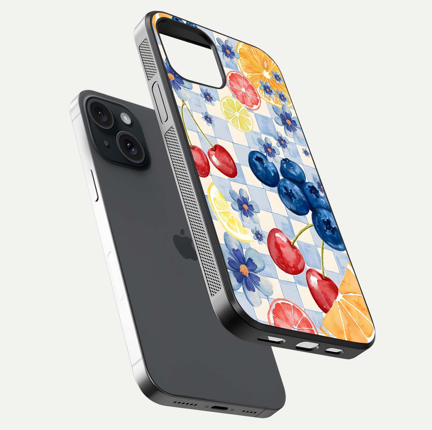 Citrus Bloom Joy Glass Case for iPhone 15 floating mockup showing HD gloss and lively tone