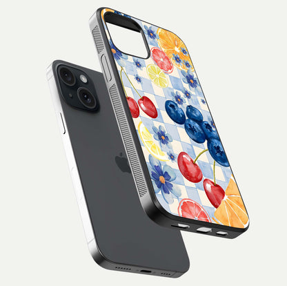 Citrus Bloom Joy Glass Case for iPhone 15 floating mockup showing HD gloss and lively tone