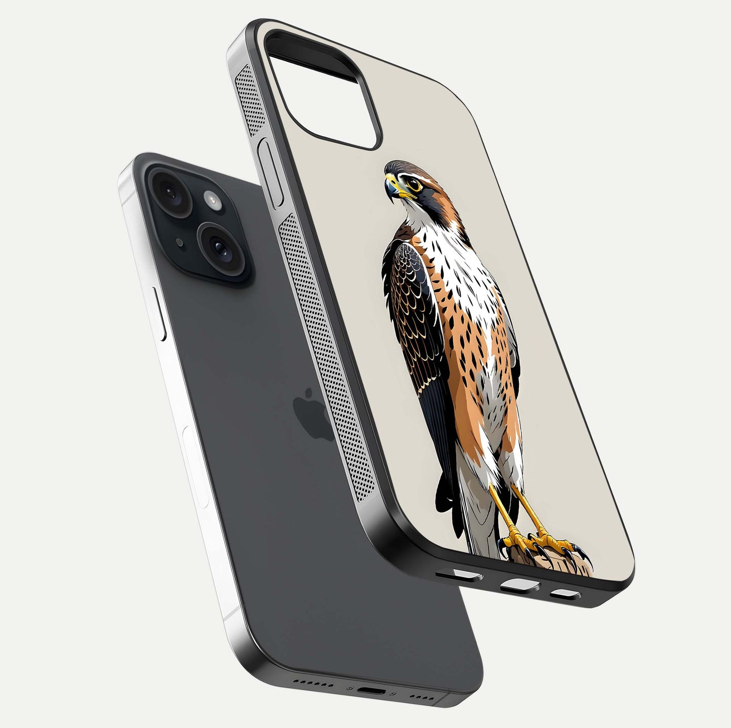 Clever Eagle Glass Case for iPhone 15 floating mockup displaying sharp gloss and art contrast