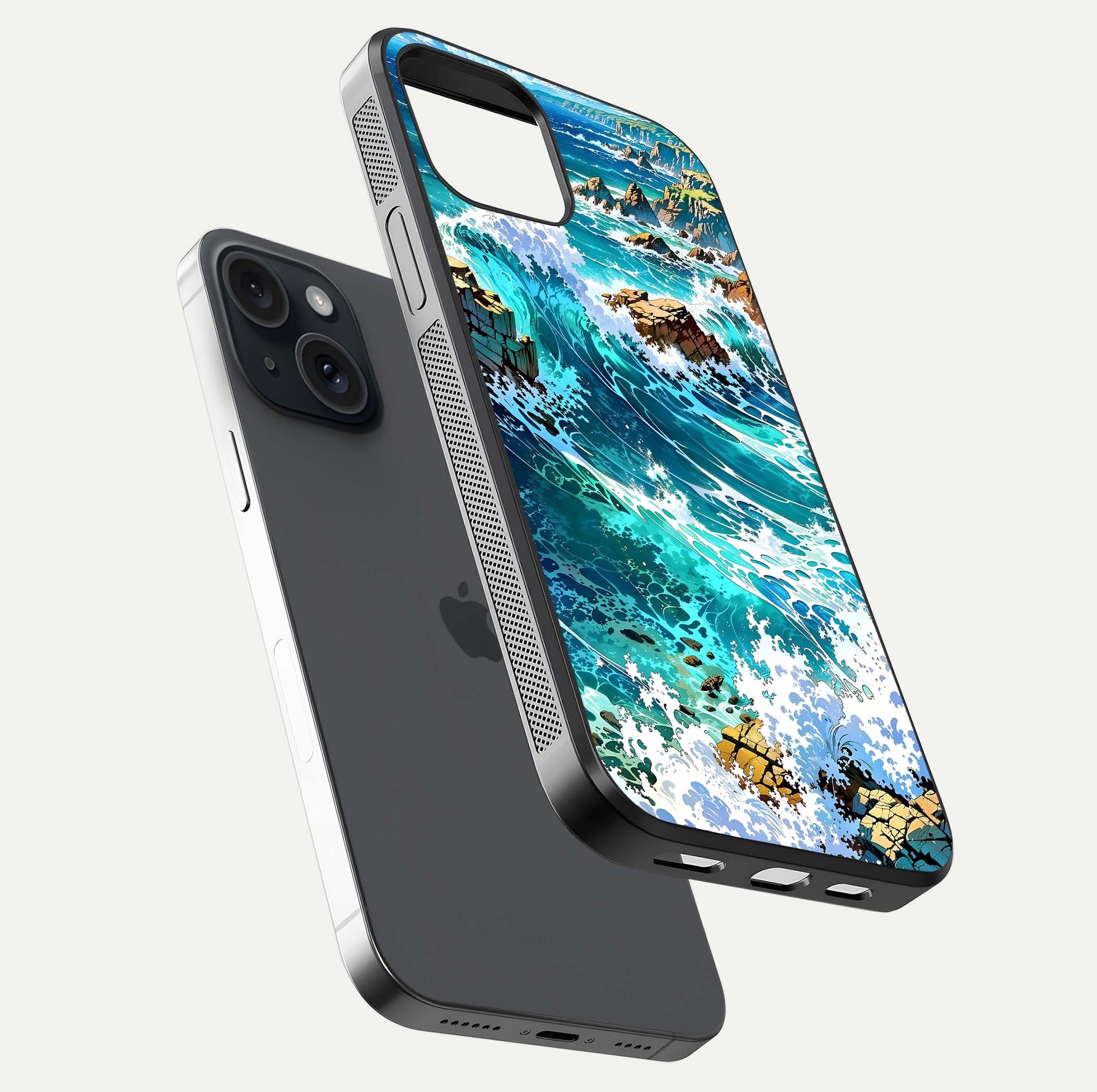 Coastal Blue Waves Glass Case for iPhone 15 floating mockup showing HD reflection and wave details