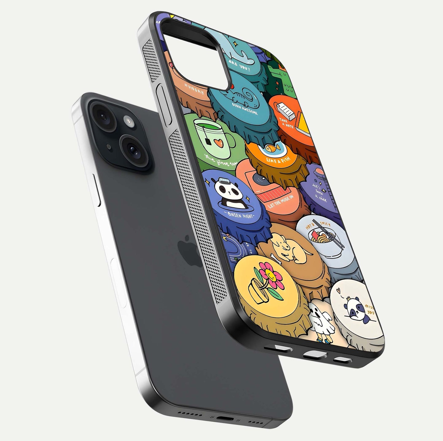 Coins Patterns Glass Case for iPhone 15 floating mockup showing reflection depth and smooth tone
