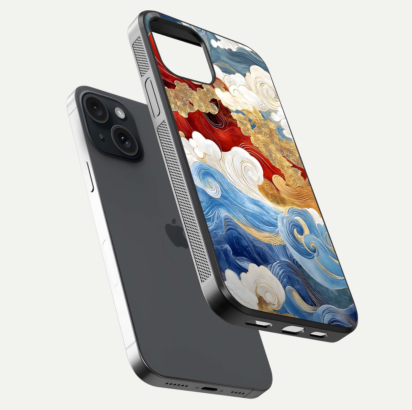 Colored Waves Glass Case for iPhone 15 floating dual-view mockup displaying gloss finish and color contrast