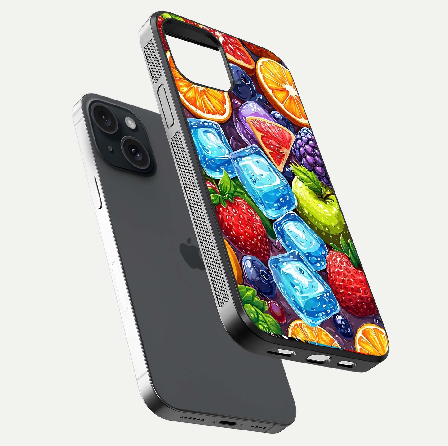 Colorful Fruits with Ice Glass Case for iPhone 15 floating mockup showing bright shine and crystal clarity