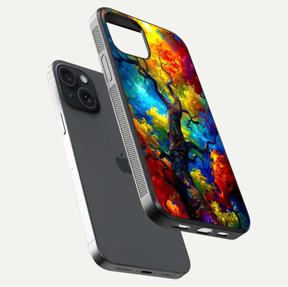 Colorful Tree Glass Case for iPhone 15 floating mockup showing reflection gloss and vivid hues