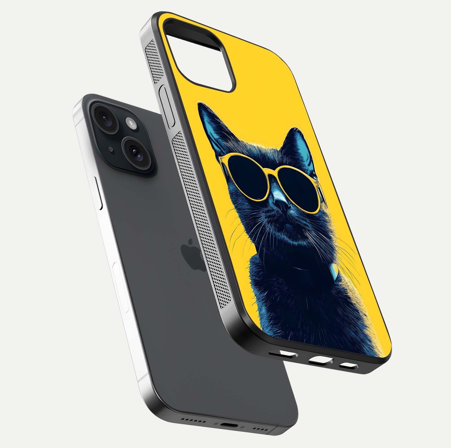 Cool Cat Vibes iPhone 15  glass phone case floating view emphasizing glossy finish and fun cat vibe