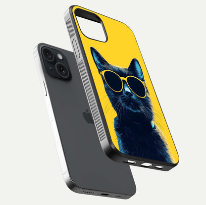 Cool Cat Vibes iPhone 15  glass phone case floating view emphasizing glossy finish and fun cat vibe