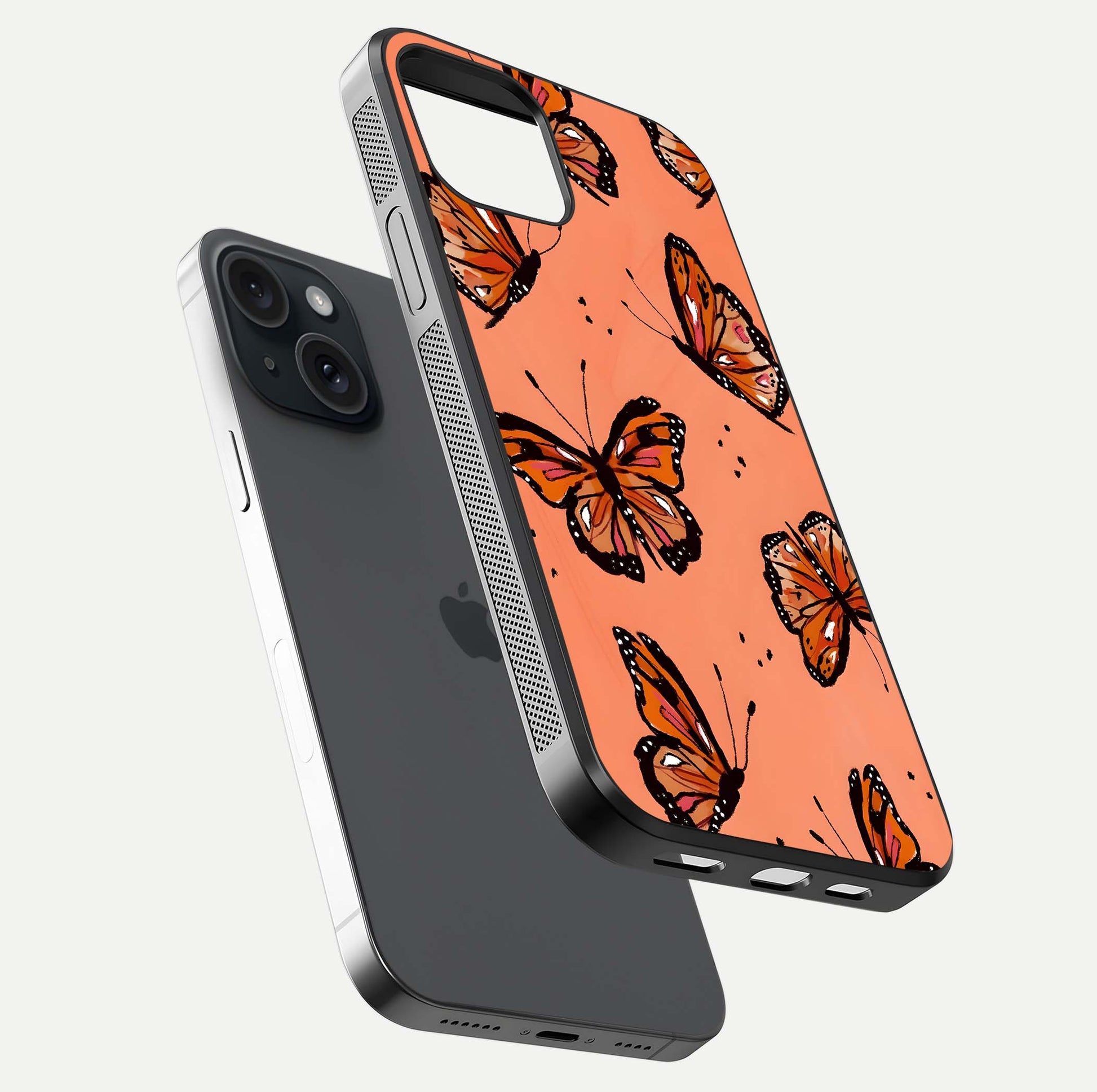 Coral Wing Butterfly Glass Case for iPhone 15 floating mockup showing HD gloss texture and vivid coral color