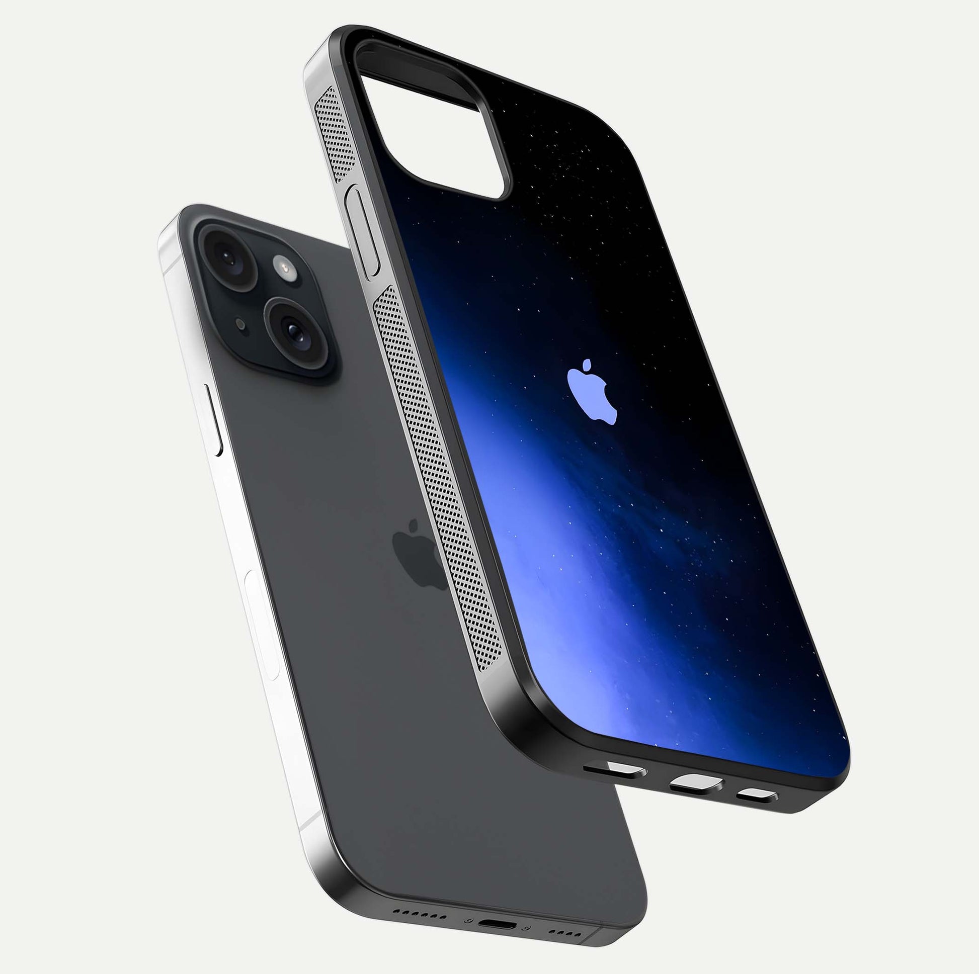 Cosmic Blue Apple Glass Case for iPhone 15 floating mockup showing HD gloss and deep space gradient