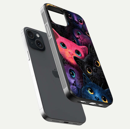 Cosmic Cats Dreams Glass Case for iPhone 15 floating mockup showing star details and polish reflection