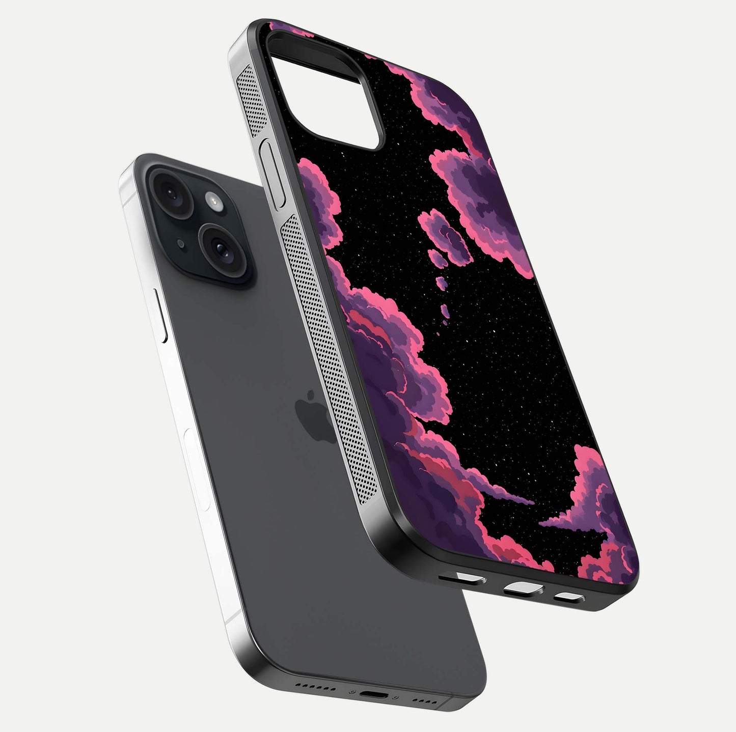 Cosmic Cloud Journey Glass Case for iPhone 15 floating mockup showing HD gloss and cosmic gradient