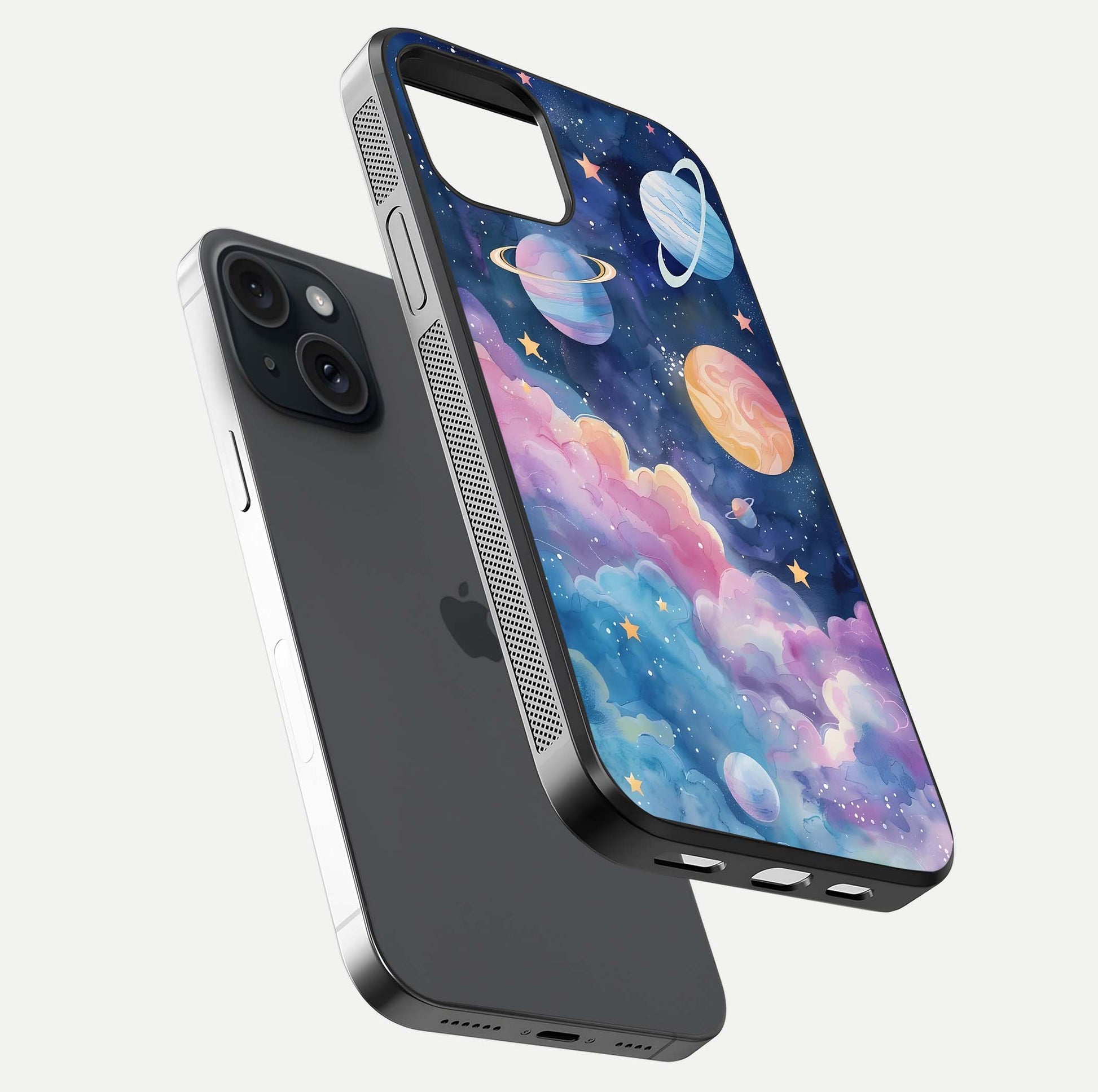 Cosmic Planet Dreams Glass Case for iPhone 15 floating mockup showing HD gloss and cosmic reflection