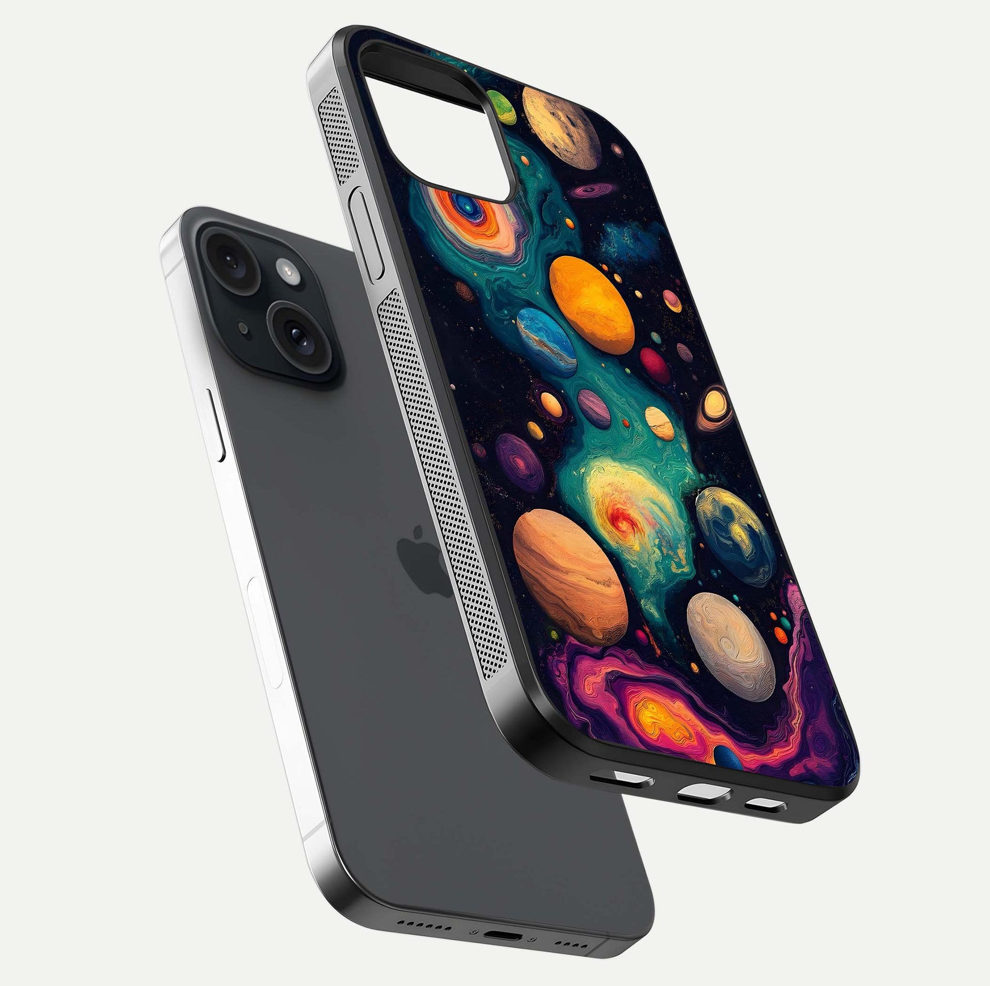 Cosmic Planet Journey Glass Case for iPhone 15 floating mockup showing gloss gradient and deep shine