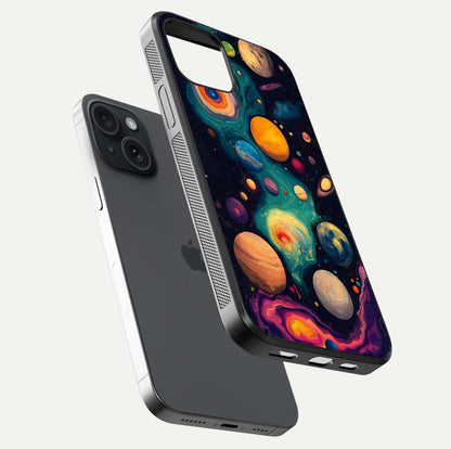 Cosmic Planet Journey Glass Case for iPhone 15 floating mockup showing gloss gradient and deep shine