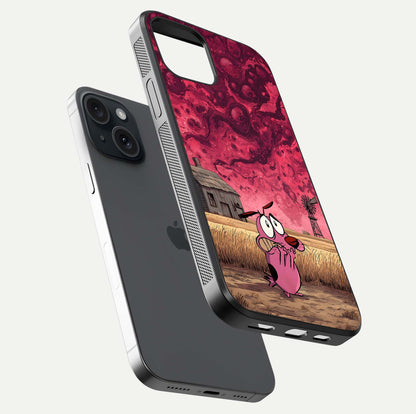Courage Under Sky Glass Case for iPhone 15 floating mockup showing shine reflection and clean edges