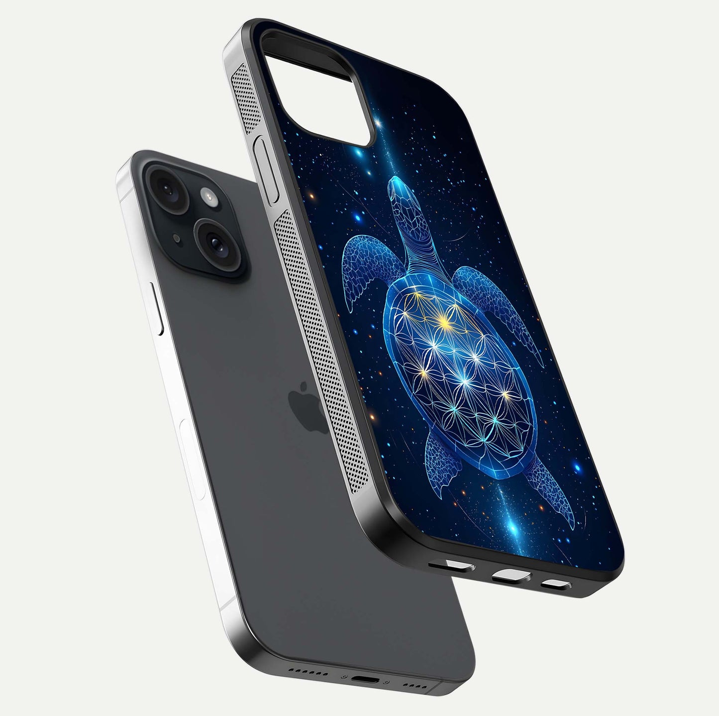 Crimson Blue Turtle Glass Case for iPhone 15 floating mockup showing reflection polish and deep hues