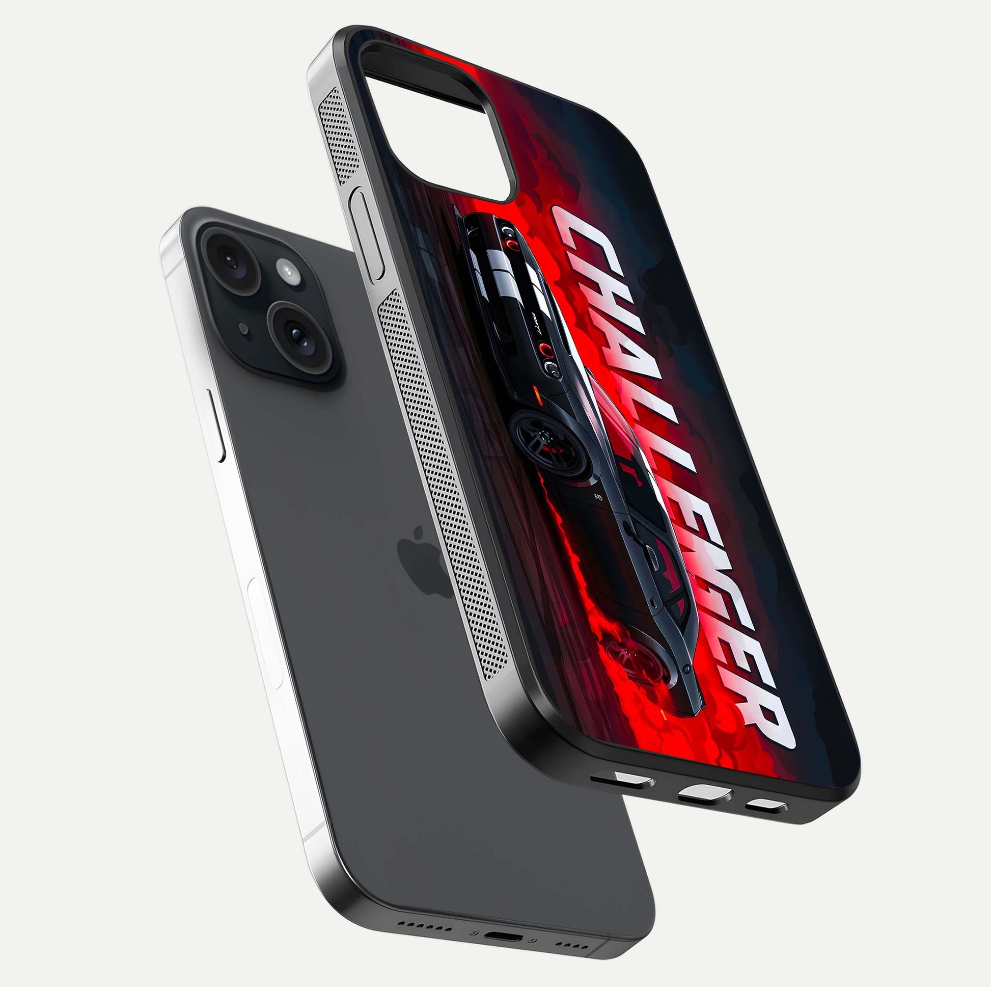 Crimson Challenger Fury Glass Case for iPhone 15 floating mockup showing HD gloss and sleek shine