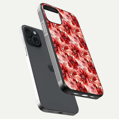 Crimson Love Petals Glass Case for iPhone 15 floating mockup showing HD gloss and vivid detail
