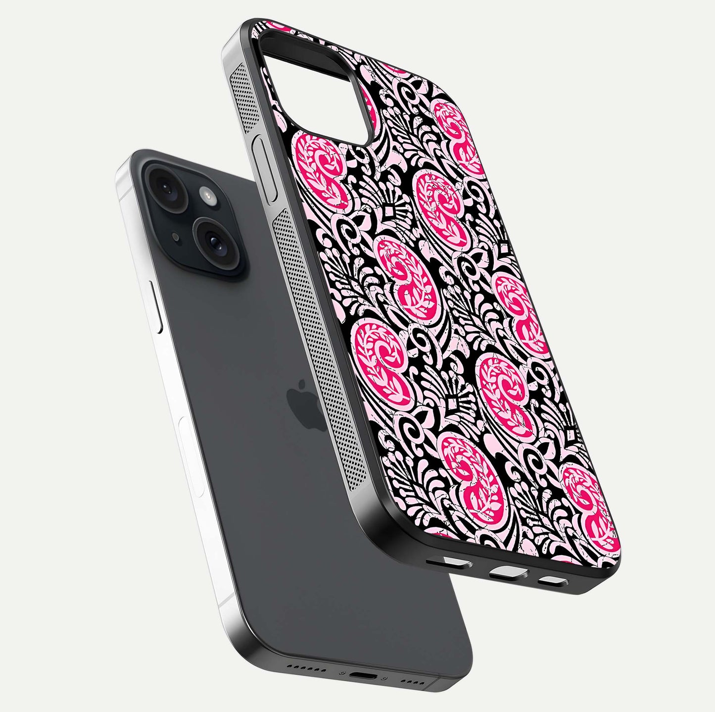 Crimson Paisley Charm Glass Case for iPhone 15 floating mockup showing gloss shine and texture clarity