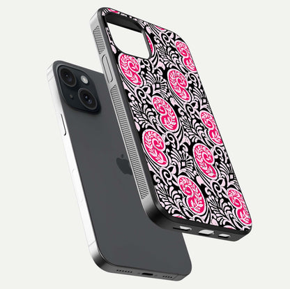 Crimson Paisley Charm Glass Case for iPhone 15 floating mockup showing gloss shine and texture clarity