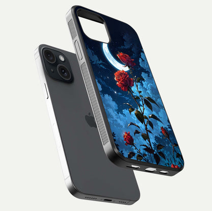Crimson Rose Moon Glass Case for iPhone 15 floating mockup showing HD shine and elegant contrast