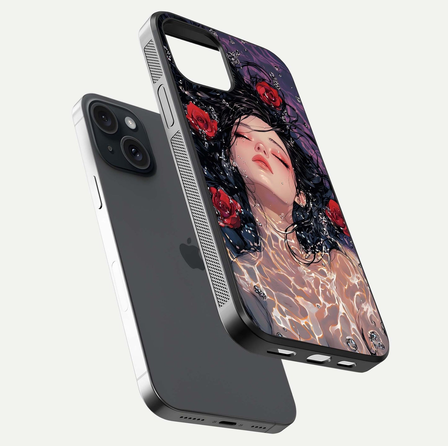 Crimson Rose Serenity Glass Case for iPhone 15 floating mockup showing HD gloss and floral texture