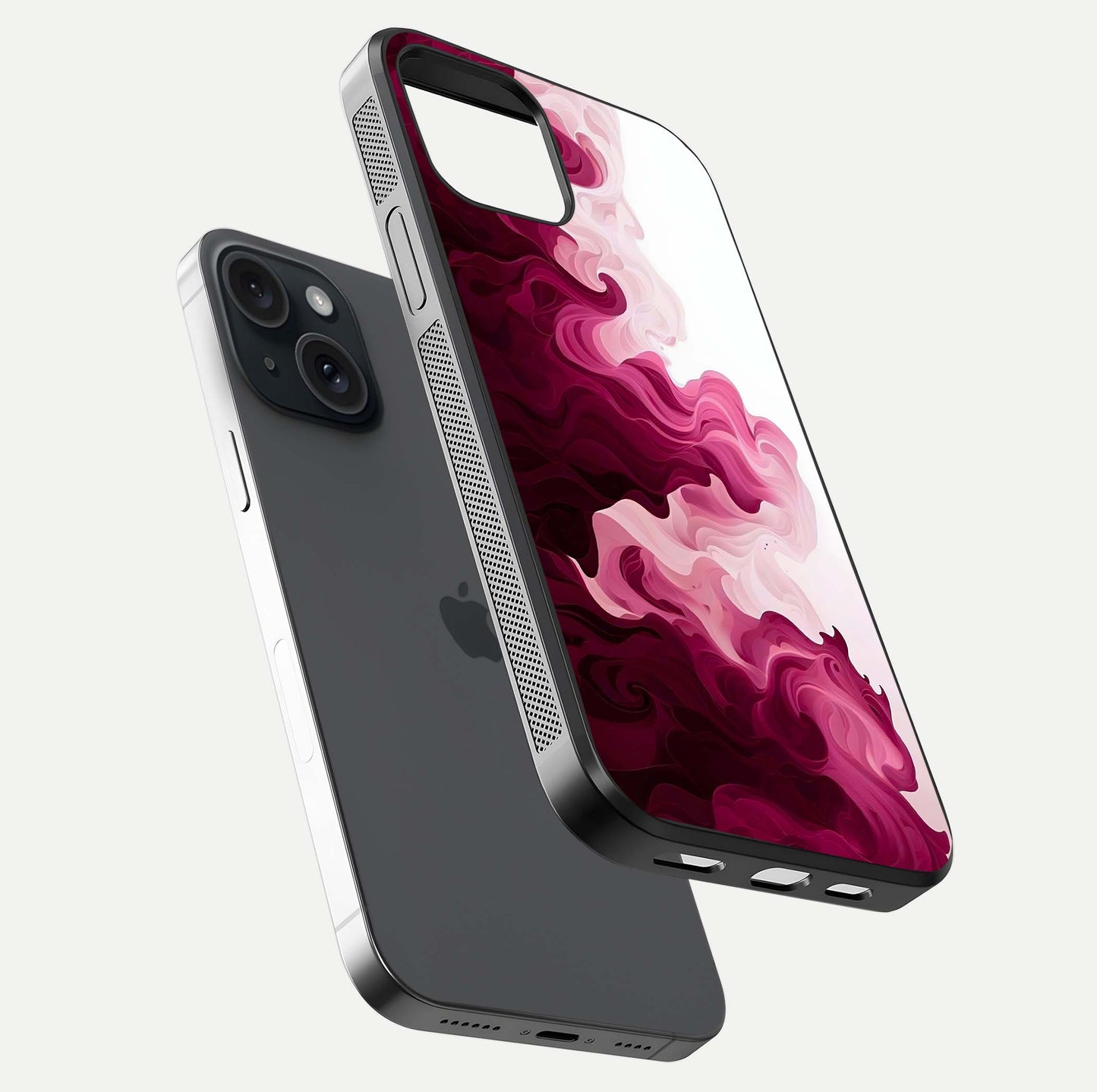 Crimson Wave Flow Glass Case for iPhone 15 floating mockup showing gloss shine and smooth edge