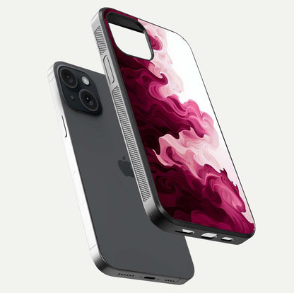 Crimson Wave Flow Glass Case for iPhone 15 floating mockup showing gloss shine and smooth edge
