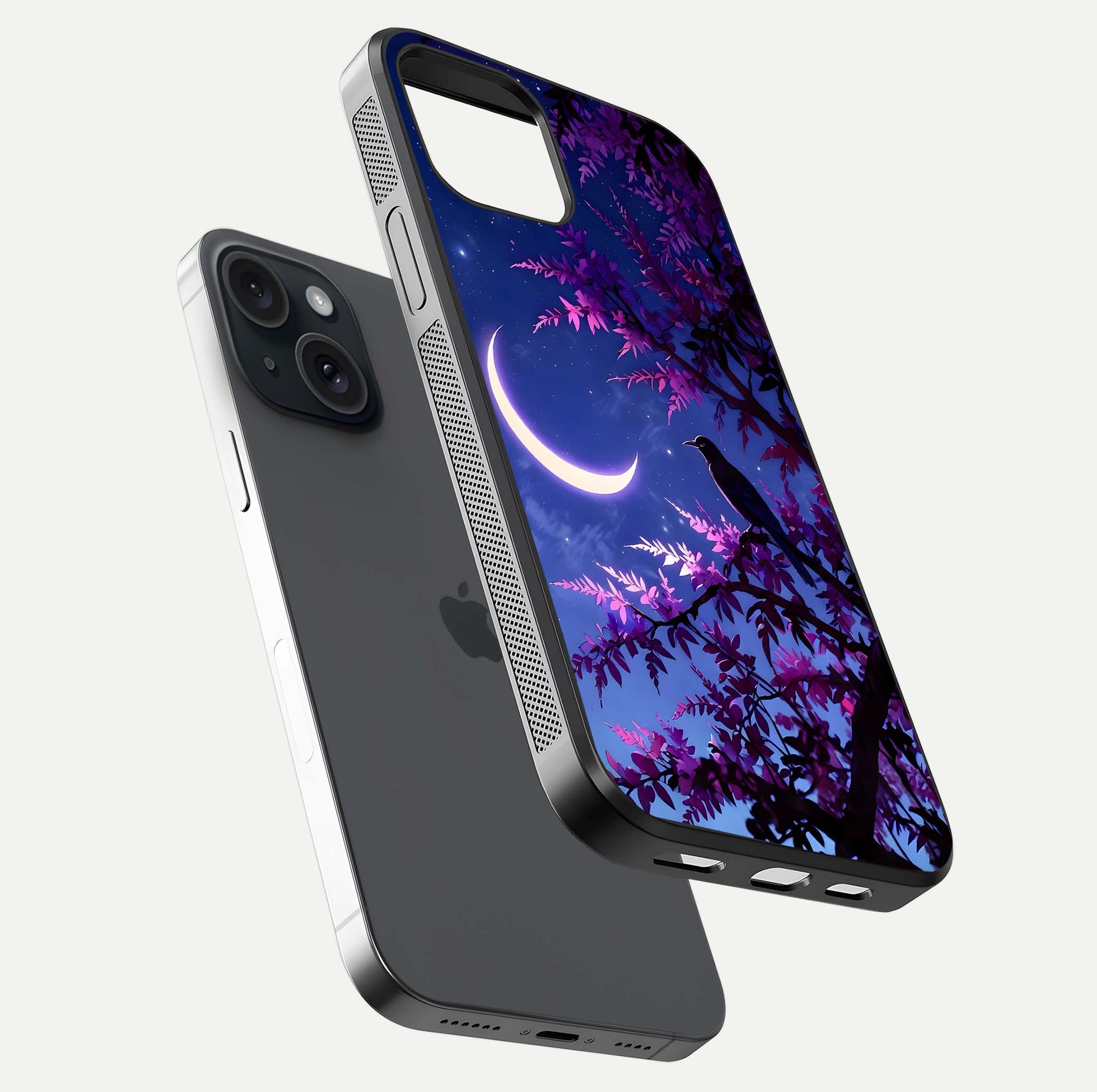 Crow & Moon Scenery Glass Case for iPhone 15 floating mockup showing HD gloss texture and soft moonlight glow