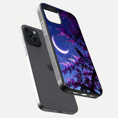 Crow & Moon Scenery Glass Case for iPhone 15 floating mockup showing HD gloss texture and soft moonlight glow