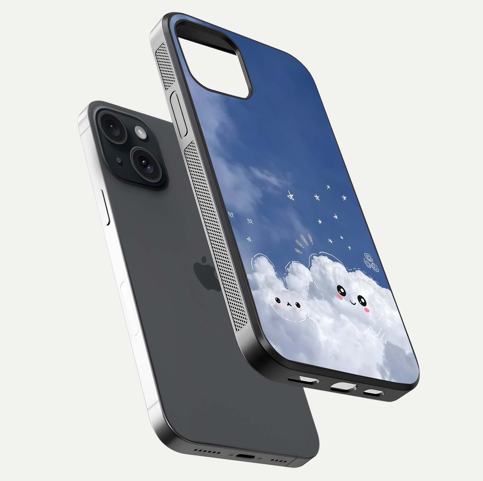 Cute Blossom Cloud Glass Case for iPhone 15 floating mockup showing HD shine and soft gradient finish