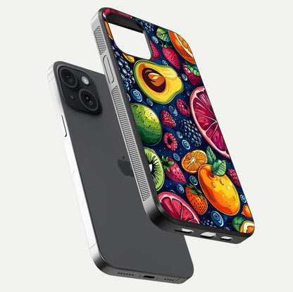 Cute Fruits Art Glass Case for iPhone 15 floating mockup showing gloss brightness and vivid artwork