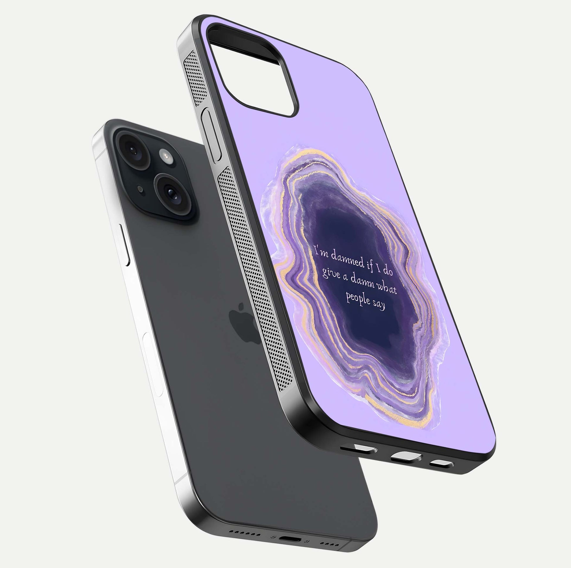 Damned People Quote Glass Case for iPhone 15 floating mockup showing gloss reflection and text balance