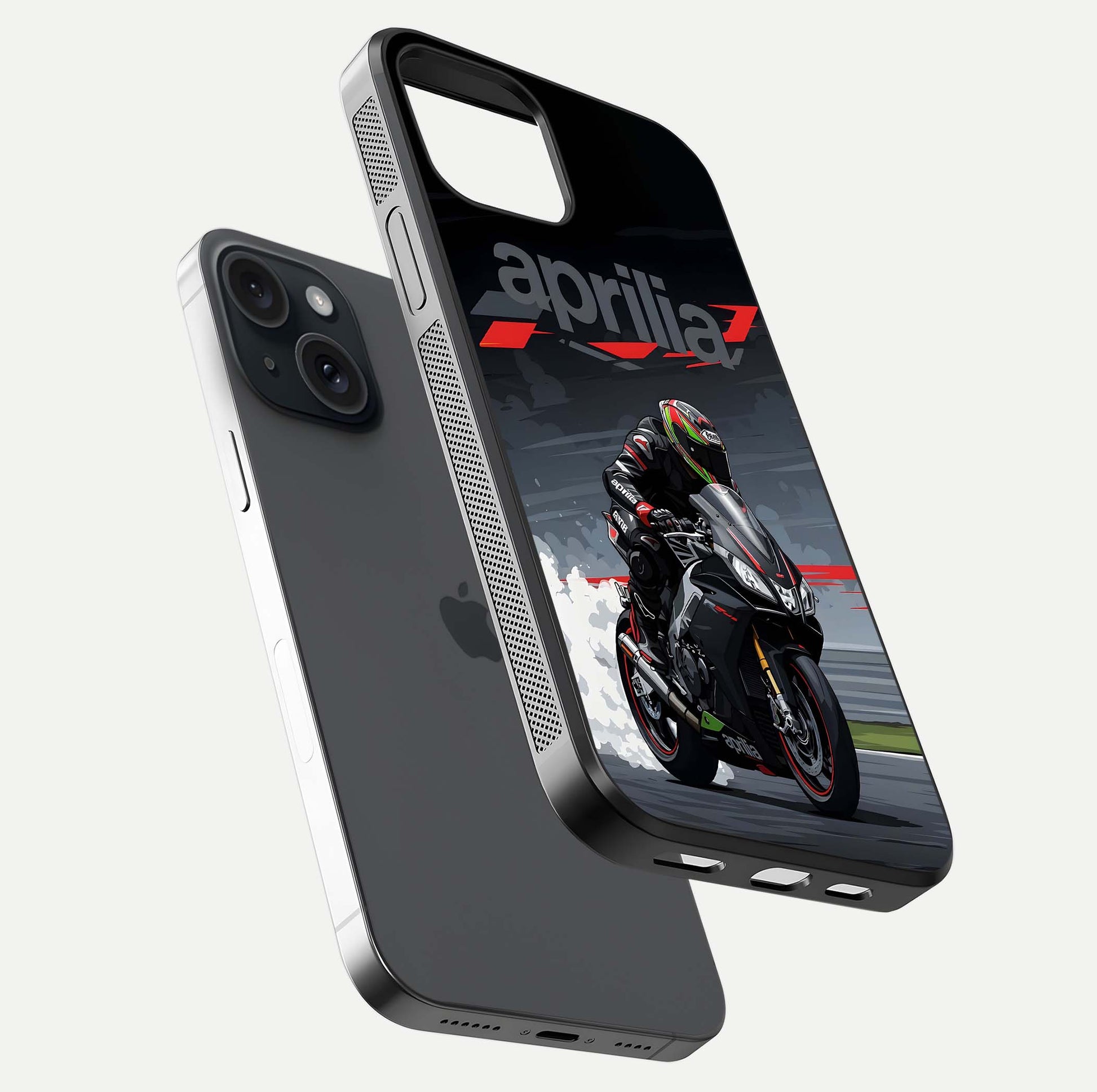 Dark Aprilla Glass Case for iPhone 15 floating mockup showing glossy contrast and texture clarity