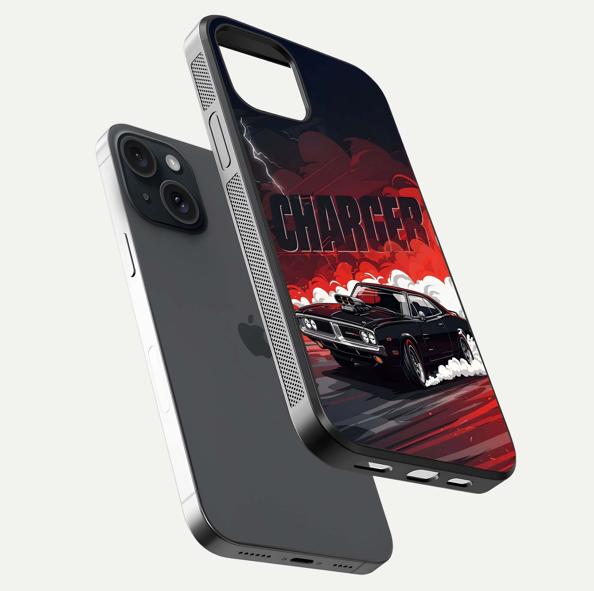 Dark Charger Fury Glass Case for iPhone 15 floating mockup showing reflection depth and shiny surface