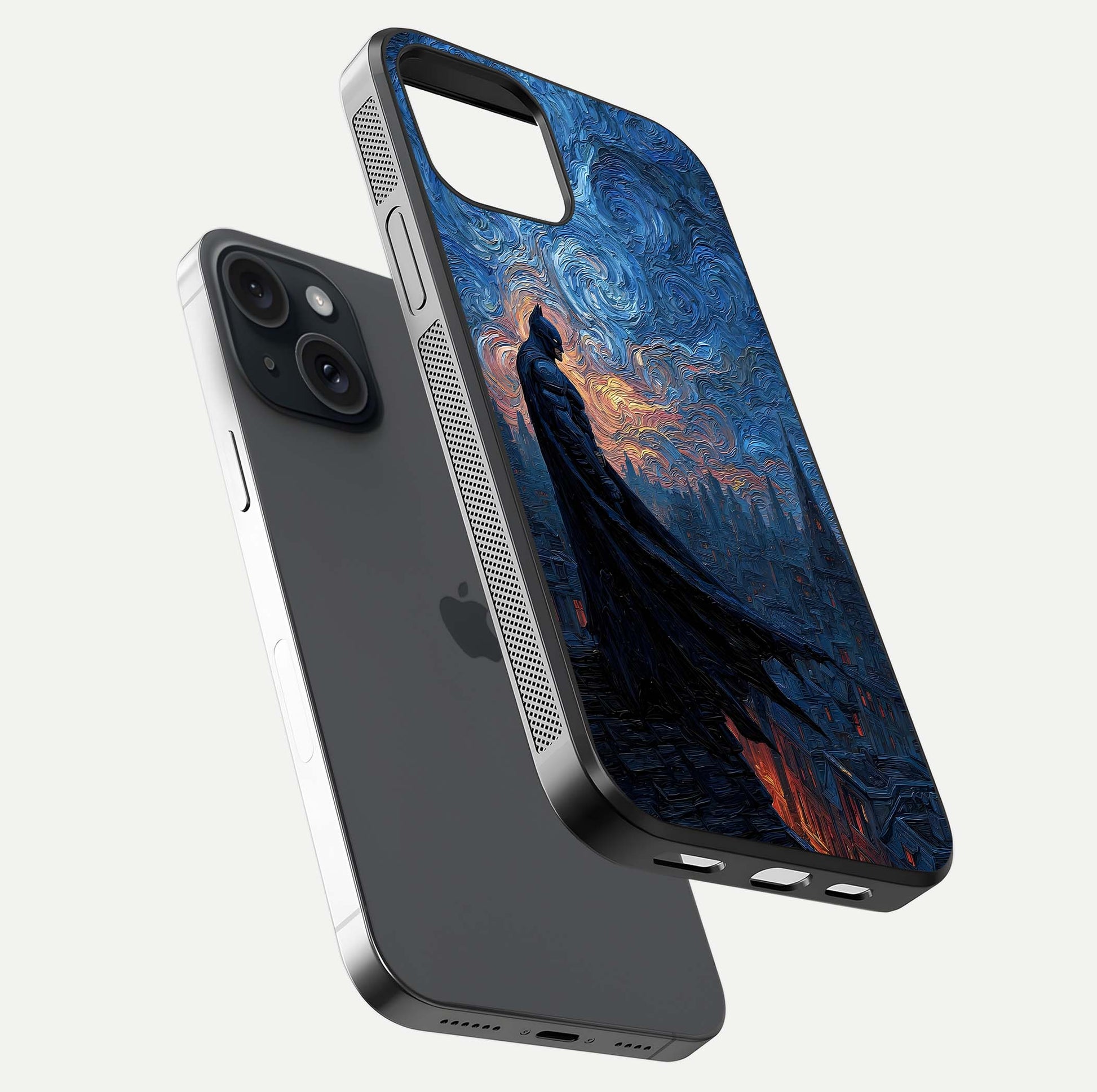 Dark Knight Dusk Glass Case for iPhone 15 floating mockup showing glossy depth and cinematic lighting