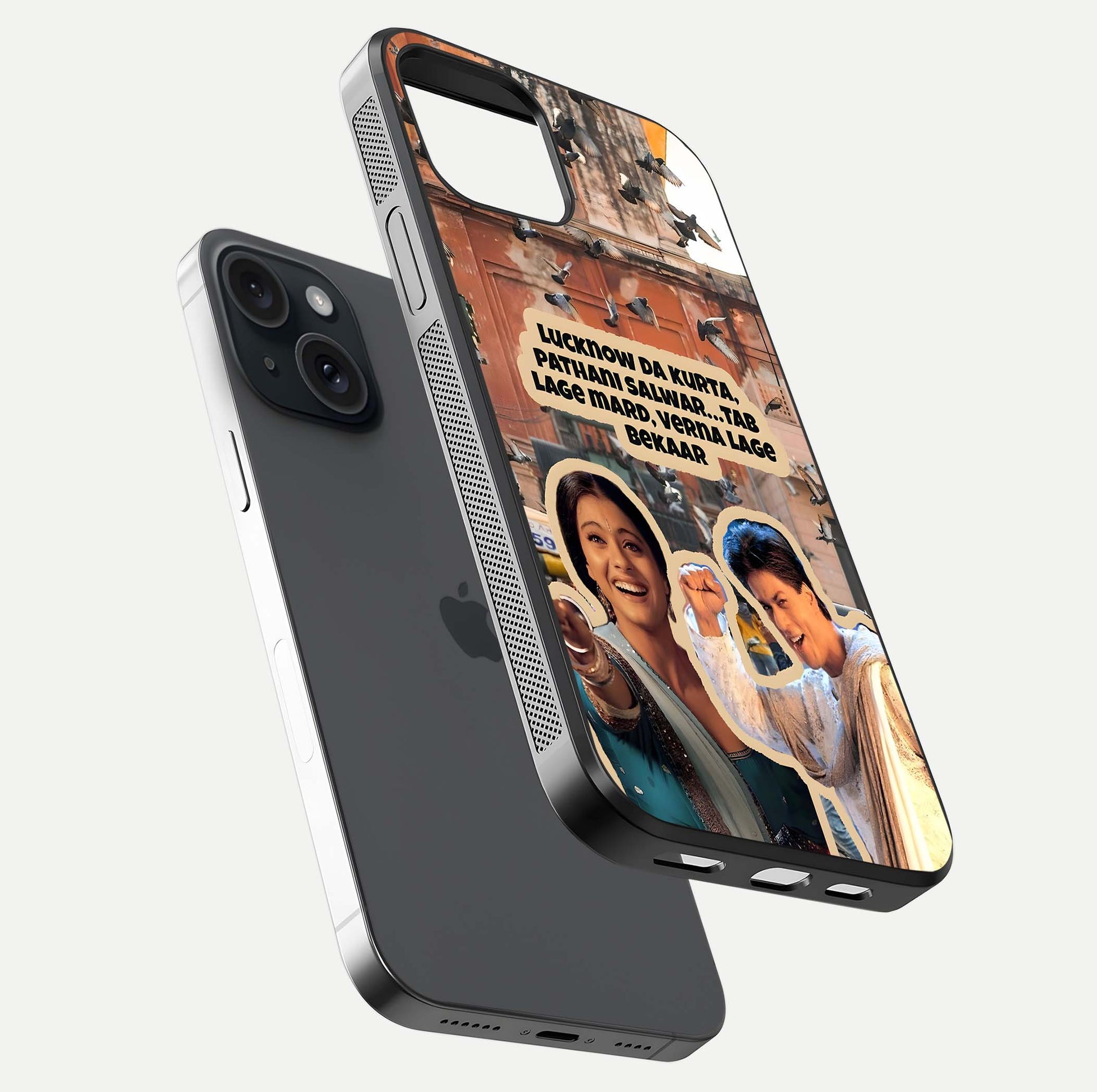 Desi Retro Vibes Glass Case for iPhone 15 floating mockup showing shine polish and vivid tones