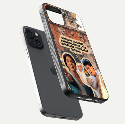Desi Retro Vibes Glass Case for iPhone 15 floating mockup showing shine polish and vivid tones